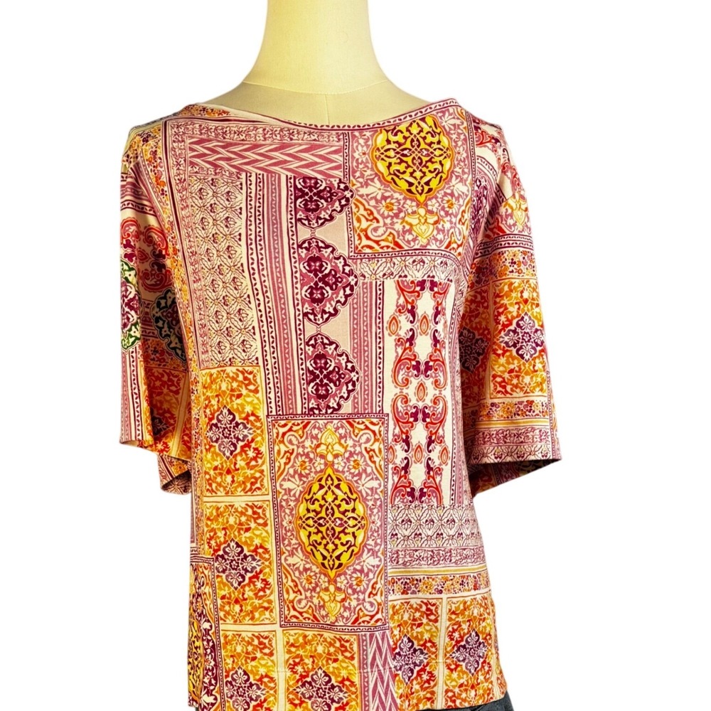 Chico's Pima Cotton‎ Tile Print Top Womens 4 XXL Orange Purple Elbow Sleeve Knit